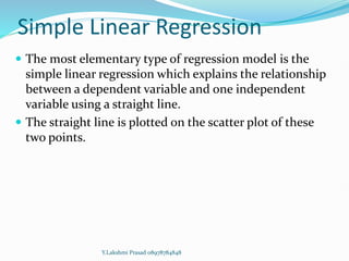 Simple Linear Regression
 The most elementary type of regression model is the
simple linear regression which explains the relationship
between a dependent variable and one independent
variable using a straight line.
 The straight line is plotted on the scatter plot of these
two points.
Y.Lakshmi Prasad 08978784848
 