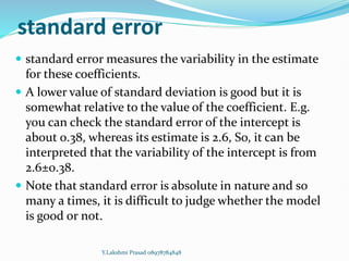 standard error
 standard error measures the variability in the estimate
for these coefficients.
 A lower value of standard deviation is good but it is
somewhat relative to the value of the coefficient. E.g.
you can check the standard error of the intercept is
about 0.38, whereas its estimate is 2.6, So, it can be
interpreted that the variability of the intercept is from
2.6±0.38.
 Note that standard error is absolute in nature and so
many a times, it is difficult to judge whether the model
is good or not.
Y.Lakshmi Prasad 08978784848
 