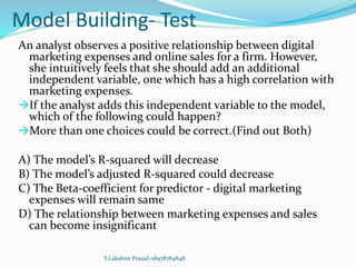 Model Building- Test
An analyst observes a positive relationship between digital
marketing expenses and online sales for a firm. However,
she intuitively feels that she should add an additional
independent variable, one which has a high correlation with
marketing expenses.
If the analyst adds this independent variable to the model,
which of the following could happen?
More than one choices could be correct.(Find out Both)
A) The model’s R-squared will decrease
B) The model’s adjusted R-squared could decrease
C) The Beta-coefficient for predictor - digital marketing
expenses will remain same
D) The relationship between marketing expenses and sales
can become insignificant
Y.Lakshmi Prasad 08978784848
 