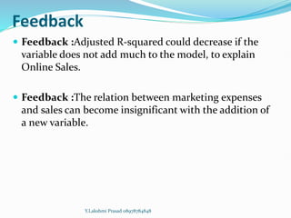 Feedback
 Feedback :Adjusted R-squared could decrease if the
variable does not add much to the model, to explain
Online Sales.
 Feedback :The relation between marketing expenses
and sales can become insignificant with the addition of
a new variable.
Y.Lakshmi Prasad 08978784848
 