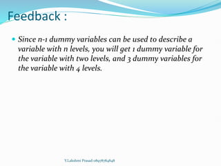 Feedback :
 Since n-1 dummy variables can be used to describe a
variable with n levels, you will get 1 dummy variable for
the variable with two levels, and 3 dummy variables for
the variable with 4 levels.
Y.Lakshmi Prasad 08978784848
 
