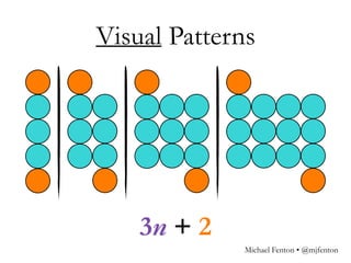 Visual Patterns
3n + 2
Michael Fenton • @mjfenton
 