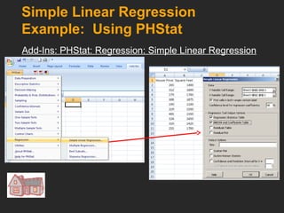 Simple Linear Regression
Example: Using PHStat
Add-Ins: PHStat: Regression: Simple Linear Regression
 