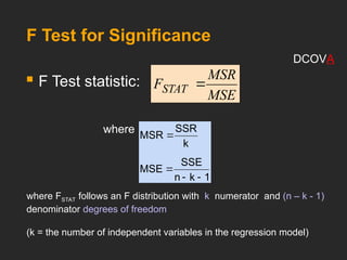 F Test for Significance
 F Test statistic:
where
MSE
MSR
FSTAT 
1
k
n
SSE
MSE
k
SSR
MSR




where FSTAT follows an F distribution with k numerator and (n – k - 1)
denominator degrees of freedom
(k = the number of independent variables in the regression model)
DCOVA
 