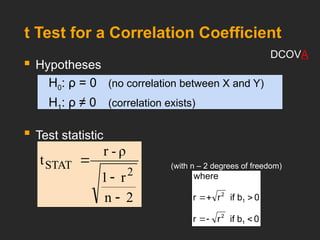 t Test for a Correlation Coefficient
 Hypotheses
H0: ρ = 0 (no correlation between X and Y)
H1: ρ ≠ 0 (correlation exists)

Test statistic
(with n – 2 degrees of freedom)
2
n
r
1
ρ
-
r
t
2
STAT



0
b
if
r
r
0
b
if
r
r
where
1
2
1
2






DCOVA
 