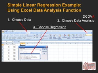 Simple Linear Regression Example:
Using Excel Data Analysis Function
1. Choose Data 2. Choose Data Analysis
3. Choose Regression
DCOVA
 