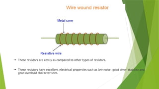  These resistors are costly as compared to other types of resistors.
 These resistors have excellent electrical properties such as low noise, good time- stability and
good overload characteristics.
 