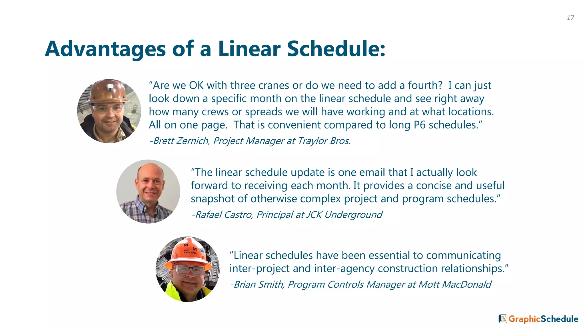 17
“Are we OK with three cranes or do we need to add a fourth? I can just
look down a specific month on the linear schedule and see right away
how many crews or spreads we will have working and at what locations.
All on one page. That is convenient compared to long P6 schedules.”
-Brett Zernich, Project Manager at Traylor Bros.
Advantages of a Linear Schedule:
“The linear schedule update is one email that I actually look
forward to receiving each month. It provides a concise and useful
snapshot of otherwise complex project and program schedules.”
-Rafael Castro, Principal at JCK Underground
“Linear schedules have been essential to communicating
inter-project and inter-agency construction relationships.”
-Brian Smith, Program Controls Manager at Mott MacDonald
 