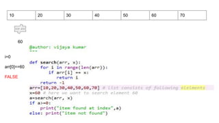 10 20 30 40 50 60 70
i=0
arr[0]==60
FALSE
60
 