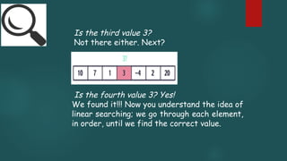 Is the third value 3?
Not there either. Next?
Is the fourth value 3? Yes!
We found it!!! Now you understand the idea of
linear searching; we go through each element,
in order, until we find the correct value.
 