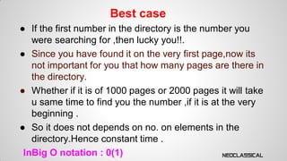 Best case
● If the first number in the directory is the number you
were searching for ,then lucky you!!.
● Since you have found it on the very first page,now its
not important for you that how many pages are there in
the directory.
● Whether if it is of 1000 pages or 2000 pages it will take
u same time to find you the number ,if it is at the very
beginning .
● So it does not depends on no. on elements in the
directory.Hence constant time .
InBig O notation : 0(1)

 