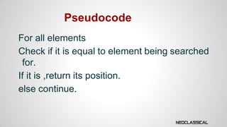 Pseudocode
For all elements
Check if it is equal to element being searched
for.
If it is ,return its position.
else continue.

 