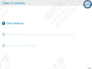 Table of contents
1 Direct Methods
2 Condition Number and Error for Resolution of Linear Systems
3 Classical Iterative Methods
5 / 50
 