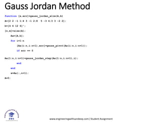 www.engineeringwithsandeep.com| Student Assignment
Gauss Jordan Method
function [x,err]=gauss_jordan_elim(A,b)
A=[2 2 -1 1;4 3 -1 2;8 5 -3 4;3 3 -2 2];
b=[4 6 12 6]';
[n,m]=size(A);
Aa=[A,b];
for i=1:n
[Aa(i:n,i:n+1),err]=gauss_pivot(Aa(i:n,i:n+1));
if err == 0
Aa(1:n,i:n+1)=gauss_jordan_step(Aa(1:n,i:n+1),i);
end
end
x=Aa(:,n+1);
A=0;
 