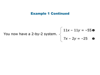 11 x  – 11 y  = –55 7 x  – 2 y  = –25 You now have a 2-by-2 system. Example 1 Continued 4 5 