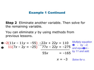 – 2( 11 x  – 11 y  = –55 ) 55 x  = –165 11( 7 x  – 2 y  = –25 )  – 22 x  + 22 y  = 110 77 x  – 22 y  = –275 1 1 Step 2  Eliminate another variable. Then solve for the remaining variable.  You can eliminate  y  by using methods from previous lessons. x  = –3 Solve for x. Example 1 Continued 4 5 Multiply equation  -  by  – 2, and equation -  by 11 and add. 4 5  