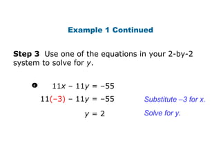 11 x  – 11 y  = –55 11 (–3)  – 11 y  = –55 1 1 Step 3  Use one of the equations in your 2-by-2 system to solve for  y .  y  = 2 Substitute  –3 for x. Solve for y. Example 1 Continued 4 