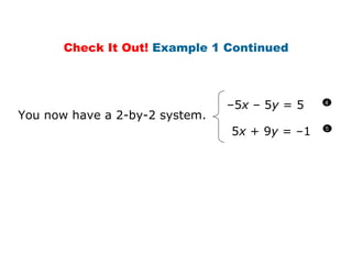 You now have a 2-by-2 system. Check It Out!  Example 1 Continued – 5 x  – 5 y  = 5 5 x  + 9 y  = –1  4 5 