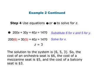 200 x  + 30 y +  40 z  = 1470 Substitute 6 for x and 5 for y. 1  z  = 3 Solve for x. 200 (6)  + 30 (5)   +  40 z  = 1470 The solution to the system is (6, 5, 3). So, the cost of an orchestra seat is $6, the cost of a mezzanine seat is $5, and the cost of a balcony seat is $3. Example 2 Continued 1 Step 4  Use equations  or  to solve for  z. 2 1 