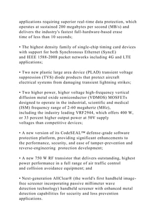 applications requiring superior real-time data protection, which
operates at sustained 200 megabytes per second (MB/s) and
delivers the industry's fastest full-hardware-based erase
time of less than 10 seconds;
• The highest density family of single-chip timing card devices
with support for both Synchronous Ethernet (SyncE)
and IEEE 1588-2008 packet networks including 4G and LTE
applications;
• Two new plastic large area device (PLAD) transient voltage
suppression (TVS) diode products that protect aircraft
electrical systems from damaging transient lightning strikes;
• Two higher power, higher voltage high-frequency vertical
diffusion metal oxide semiconductor (VDMOS) MOSFETs
designed to operate in the industrial, scientific and medical
(ISM) frequency range of 2-60 megahertz (MHz),
including the industry leading VRF2944, which offers 400 W,
or 33 percent higher output power at 50V supply
voltages than competitive devices;
• A new version of its CodeSEAL™ defense-grade software
protection platform, providing significant enhancements to
the performance, security, and ease of tamper-prevention and
reverse-engineering protection development;
• A new 750 W RF transistor that delivers outstanding, highest
power performance in a full range of air traffic control
and collision avoidance equipment; and
• Next-generation AllClear® (the world's first handheld image-
free screener incorporating passive millimeter wave
detection technology) handheld screener with enhanced metal
detection capabilities for security and loss prevention
applications.
 