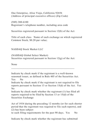 One Enterprise, Aliso Viejo, California 92656
(Address of principal executive offices) (Zip Code)
(949) 380-6100
Registrant’s telephone number, including area code
Securities registered pursuant to Section 12(b) of the Act:
Title of each class Name of each exchange on which registered
Common Stock, $0.20 par value;
NASDAQ Stock Market LLC
(NASDAQ Global Select Market)
Securities registered pursuant to Section 12(g) of the Act:
None
_______________________________________________
Indicate by check mark if the registrant is a well-known
seasoned issuer, as defined in Rule 405 of the Securities Act.
Yes No
Indicate by check mark if the registrant is not required to file
reports pursuant to Section 13 or Section 15(d) of the Act. Yes
No
Indicate by check mark whether the registrant (1) has filed all
reports required to be filed by Section 13 or 15(d) of the
Securities Exchange
Act of 1934 during the preceding 12 months (or for such shorter
period that the registrant was required to file such reports), and
(2) has been subject
to such filing requirements for the past 90 days. Yes No
Indicate by check mark whether the registrant has submitted
 