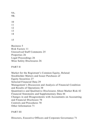 9A.
9B.
10
11
12
13
14
15
Business 5
Risk Factors 11
Unresolved Staff Comments 25
Properties 26
Legal Proceedings 26
Mine Safety Disclosures 26
PART II
Market for the Registrant’s Common Equity, Related
Stockholder Matters and Issuer Purchases of
Equity Securities 27
Selected Financial Data 29
Management’s Discussion and Analysis of Financial Condition
and Results of Operations 30
Quantitative and Qualitative Disclosures About Market Risk 42
Financial Statements and Supplementary Data 44
Changes in and Disagreements with Accountants on Accounting
and Financial Disclosure 70
Controls and Procedures 70
Other Information 71
PART III
Directors, Executive Officers and Corporate Governance 71
 