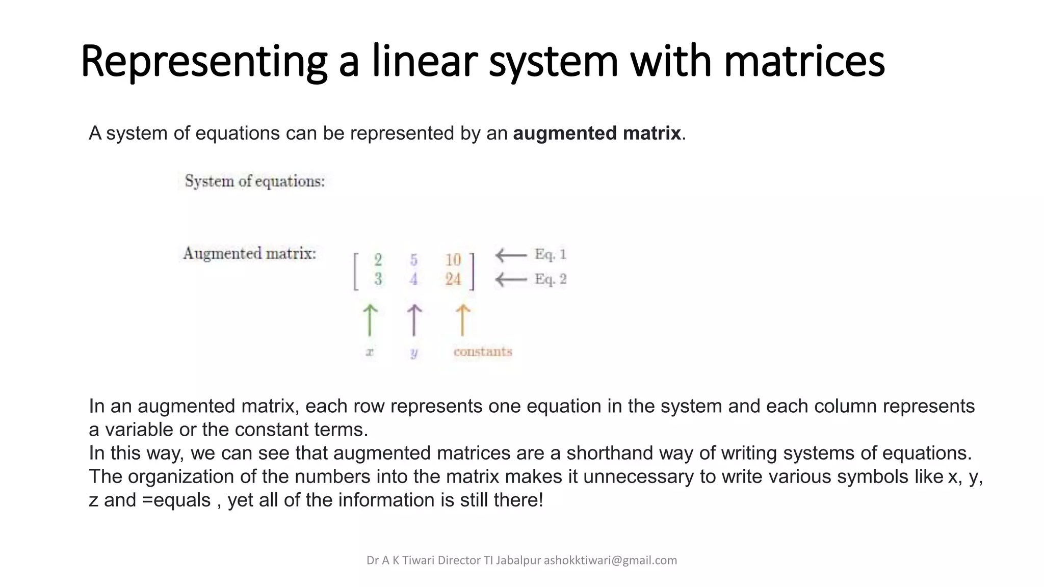 Representing a linear system with matrices
A system of equations can be represented by an augmented matrix.
In an augmented matrix, each row represents one equation in the system and each column represents
a variable or the constant terms.
In this way, we can see that augmented matrices are a shorthand way of writing systems of equations.
The organization of the numbers into the matrix makes it unnecessary to write various symbols like x, y,
z and =equals , yet all of the information is still there!
Dr A K Tiwari Director TI Jabalpur ashokktiwari@gmail.com
 