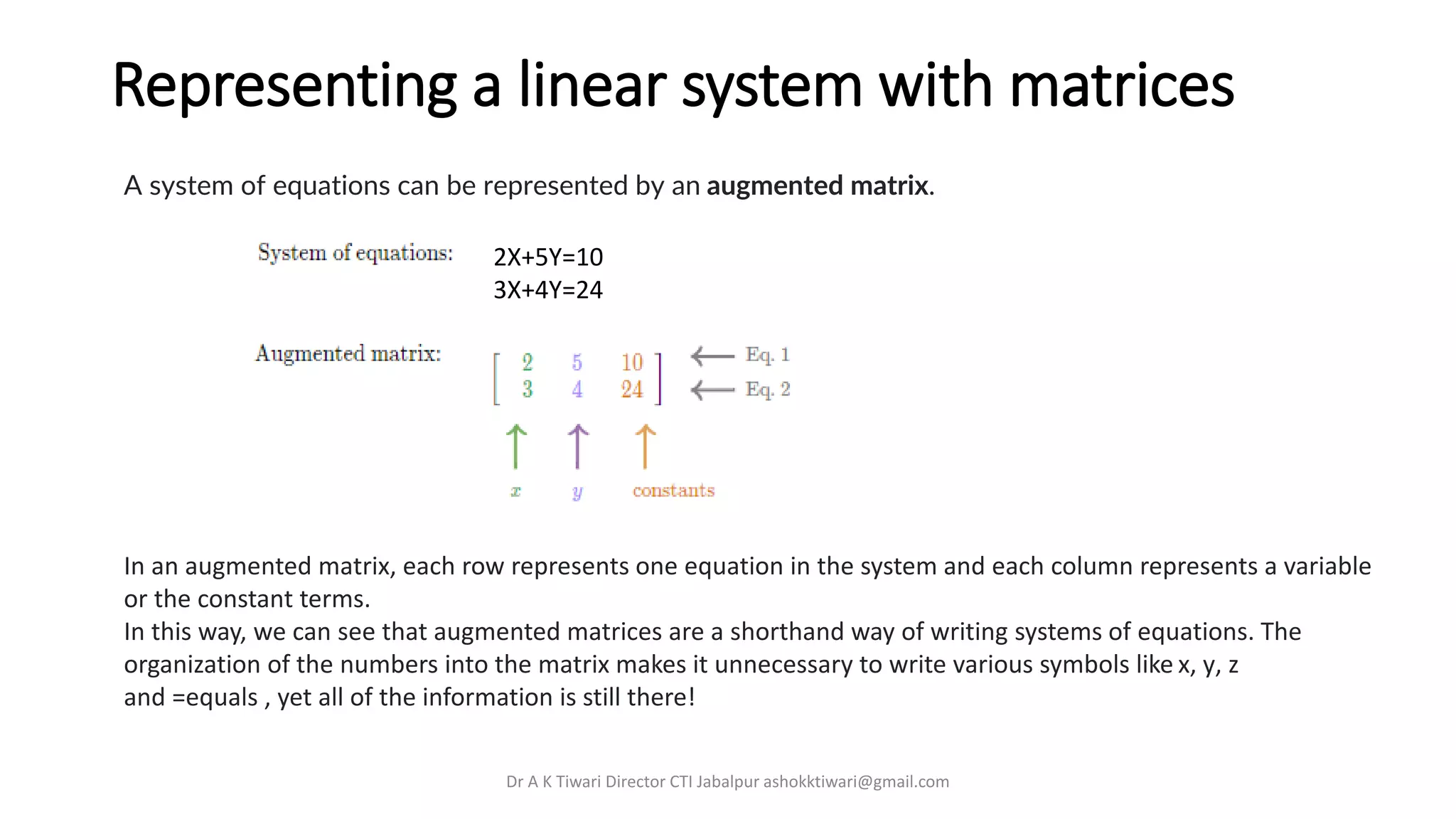 Representing a linear system with matrices
A system of equations can be represented by an augmented matrix.
In an augmented matrix, each row represents one equation in the system and each column represents a variable
or the constant terms.
In this way, we can see that augmented matrices are a shorthand way of writing systems of equations. The
organization of the numbers into the matrix makes it unnecessary to write various symbols like x, y, z
and =equals , yet all of the information is still there!
Dr A K Tiwari Director CTI Jabalpur ashokktiwari@gmail.com
2X+5Y=10
3X+4Y=24
 