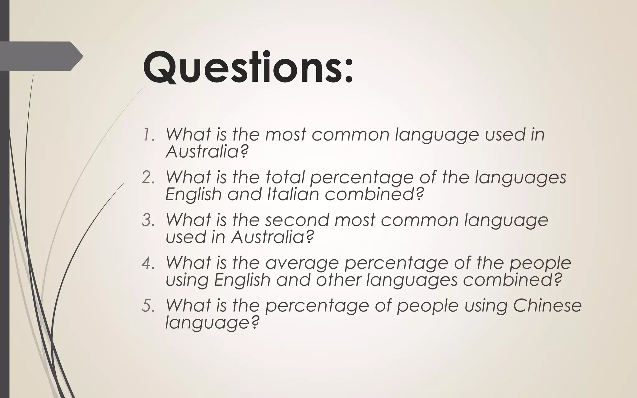 Questions:
1. What is the most common language used in
Australia?
2. What is the total percentage of the languages
English and Italian combined?
3. What is the second most common language
used in Australia?
4. What is the average percentage of the people
using English and other languages combined?
5. What is the percentage of people using Chinese
language?
 