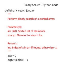 Binary Search - Python Code
def binary_search(arr, x):
"""
Perform binary search on a sorted array.
Parameters:
arr (list): Sorted list of elements.
x (any): Element to search for.
Returns:
int: Index of x in arr if found, otherwise -1.
"""
low = 0
high = len(arr) - 1
 