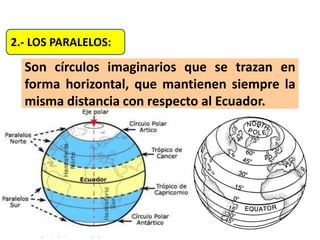 2.- LOS PARALELOS:
Son círculos imaginarios que se trazan en
forma horizontal, que mantienen siempre la
misma distancia con respecto al Ecuador.
 