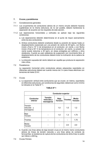 14
7. Cruces y paralelismos
7.1 Consideraciones generales
7.1.1 Los cruzamientos de conductores aéreos de un mismo circuito deberán hacerse
sujetándose en la misma estructura; de no ser posible, deberá mantenerse la
separación de acuerdo con los requisitos de esta sección.
7.1.2 Las separaciones horizontales y verticales se aplican bajo las siguientes
condiciones:
a. Las separaciones deberán determinarse en el punto de mayor acercamiento
entre los dos conductores.
b. Ambos conductores deberán analizarse desde su posición de reposo hasta un
desplazamiento ocasionado por una presión de viento de 30 kg/m2, con flecha
inicial y final a 15° C de temperatura en el conductor, sin viento, y con flecha
inicial y final a 50° C de temperatura en el conductor, sin viento. La presión de
viento puede reducirse a 20 kg/m2 en áreas protegidas por edificios u otros
obstáculos. Cuando se usen aisladores de suspensión con movimiento libre, el
desplazamiento de los conductores deberá incluir la inclinación de la cadena de
aisladores.
c. La dirección supuesta del viento deberá ser aquélla que produzca la separación
más crítica.
7.2 Paralelismos
La separación horizontal entre conductores aéreos adyacentes soportados en
diferentes estructuras deberá ser cuando menos de 2 m para líneas eléctricas con
tensiones de hasta 23 kV.
7.3 Cruces
a. La separación vertical entre conductores que se crucen, en metros, soportados
en diferentes estructuras, por condiciones de seguridad, deberá ser como mínimo
la indicada en la Tabla N° 1.
TABLA Nº 1
b. Cuando una línea aérea de baja tensión cruza en el mismo tramo conductores
aéreos de líneas de tensión reducida y una línea aérea de contacto de
ferrocarriles, la resistencia de ruptura de los conductores de dicha línea no podrá
ser inferior a 400 kg.
7.4 Cruces Férreos
Conductor superior
Conductor
inferior
Tensión
reducida y
mensajeros
Baja
Tensión
Tirantes
Media
Tensión
Tensión
reducida y
mensajeros
1,0 1,0 1,2
Baja
Tensión
- 1,0 1,3 1,75
Tirantes - - - 1,75
Media
Tensión
- - 2,0 2,0
 