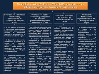 El cumplimiento de la Ordenanza 286 de 2009, se soporta en una sólida Estrategia de Conducción y Direccionamiento Fortalecer los sistemas de información y comunicación de Juventud del Valle del Cauca Potenciar con trabajo coordinado y sinérgico de los sectores gubernamentales para el desarrollo de la PPJ Consolidar la Rectoría de  la Política de Juventud del Valle del Cauca Promover la formulación e implementación de PPJ  Municipales en la región Se han definido los procesos y mecanismos requeridos para la obtención, procesamiento y difusión de información relevante y actualizada en el tema de juventud en la región El Observatorio de infancia, adolescencia y juventud y el Centro de producción audiovisual y multimedial Mediux  tienen definida su estructura, su operación, su sostenibilidad y una ruta para su implementación La gestión de la información en Juventud en el Departamento dispone de una estrategia definida claramente en términos de objetivos, resultados esperados, actividades, indicadores de evaluación, responsables de su operación y presupuesto requerido Las entidades gubernamentales vinculadas al desarrollo de la Política Pública de Juventud - PPJ (Ord.286/09) definen y caracterizan sus funciones y responsabilidades de acuerdo a sus especificidades misionales Se dispone de proyectos estratégicos e intersectoriales para la acción conjunta de las entidades gubernamentales vinculadas a la PPJ Se ha perfilado una estrategia de gestión y negociación con entidades privadas clave para su vinculación y participación en el desarrollo de la PPJ Existe un plan de trabajo conjunto definido por las entidades vinculadas al desarrollo de la PPJ  con objetivos, resultados esperados, indicadores, responsables,  presupuesto y se han construido mecanismos de trabajo intersectorial que facilitan y garantizan el cumplimiento de los compromisos La  PPJ cuenta  con un Sistema Departamental de Juventud  con estructuras  sólidas operando  La S. Dllo. Social tiene una sólida estrategia de gestión financiera que asegura el financiamiento de la PPJ  La Secretaría dispone de un equipo humano de trabajo cualificado y con asignación clara de roles, responsabilidades y funciones Los(as) jóvenes asumen responsabilidades de direccionamiento y conducción de la PPJ en trabajo conjunto con la S. Dllo. Social y las Alcaldías  La Secretaría cuenta con una agenda de trabajo para el cumplimiento de su función de rectoría con objetivos, resultados, actividades, indicadores, tiempos, responsables y presupuestos Se ha identificado el nivel de avance y las necesidades de acompañamiento y asistencia técnica a los municipios para la formulación e implementación de las PPJ En cada municipio se ha logrado conjuntamente con su Alcaldía concertar un plan de trabajo para el fortalecimiento de la Política de Juventud, con participación de los y las jóvenes La  Secretaría dispone de un plan de asistencia técnica en el que se definen  las acciones y recursos profesionales y logísticos necesarios para el acompañamiento a los municipios en la formulación e implementación de las PPJ 