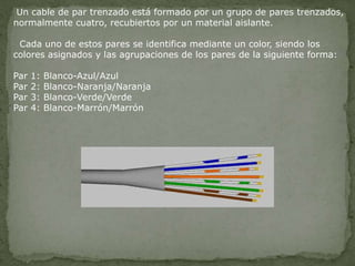Un cable de par trenzado está formado por un grupo de pares trenzados,
normalmente cuatro, recubiertos por un material aislante.
Cada uno de estos pares se identifica mediante un color, siendo los
colores asignados y las agrupaciones de los pares de la siguiente forma:
Par 1: Blanco-Azul/Azul
Par 2: Blanco-Naranja/Naranja
Par 3: Blanco-Verde/Verde
Par 4: Blanco-Marrón/Marrón
 