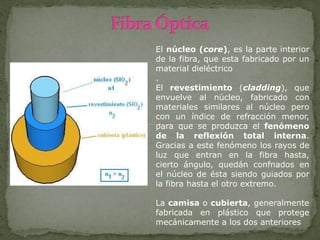 El núcleo (core), es la parte interior
de la fibra, que esta fabricado por un
material dieléctrico
.
El revestimiento (cladding), que
envuelve al núcleo, fabricado con
materiales similares al núcleo pero
con un índice de refracción menor,
para que se produzca el fenómeno
de la reflexión total interna.
Gracias a este fenómeno los rayos de
luz que entran en la fibra hasta,
cierto ángulo, quedán confnados en
el núcleo de ésta siendo guiados por
la fibra hasta el otro extremo.
La camisa o cubierta, generalmente
fabricada en plástico que protege
mecánicamente a los dos anteriores
 