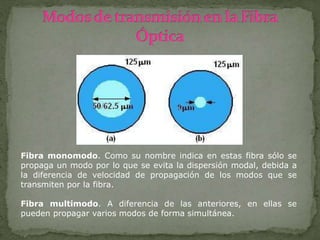 Fibra monomodo. Como su nombre indica en estas fibra sólo se
propaga un modo por lo que se evita la dispersión modal, debida a
la diferencia de velocidad de propagación de los modos que se
transmiten por la fibra.
Fibra multimodo. A diferencia de las anteriores, en ellas se
pueden propagar varios modos de forma simultánea.
 