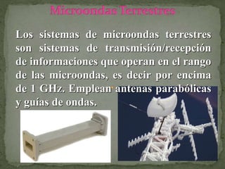 Los sistemas de microondas terrestres
son sistemas de transmisión/recepción
de informaciones que operan en el rango
de las microondas, es decir por encima
de 1 GHz. Emplean antenas parabólicas
y guías de ondas.
 