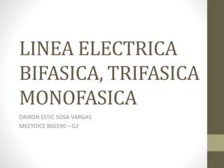 LINEA ELECTRICA
BIFASICA, TRIFASICA
MONOFASICA
DAIRON ESTIC SOSA VARGAS
MECYDICE 866590 – G2
 