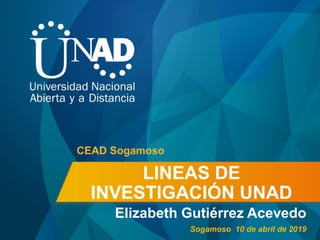 LINEAS DE
INVESTIGACIÓN UNAD
Elizabeth Gutiérrez Acevedo
CEAD Sogamoso
Sogamoso 10 de abril de 2019
 