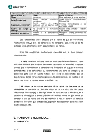 ESCUELA SUPERIOR DE LA LINEAS REGULARES Y
MARINA CIVIL -Gijón- TRANSPORTE INTERMODAL
pág. - 12 - Alejandro Díez Fernández.
Esta característica viene reforzada por el hecho de que el conocimiento
habitualmente incluye bien las condiciones de transporte, fijas, como ya se ha
señalado antes, o bien remite a otro documento que las incluye.
Entre las condiciones habitualmente impuestas por la línea merecen
destacarse dos:
• El flete: cuya tarifa básica se suele fijar en el seno de las conferencias. Sobre
ella suele aplicarse, por una parte el llamado «descuento por fidelidad» a aquellos
clientes que se comprometen a transportar sus mercancías en buques de navieras
pertenecientes a las conferencias y, posteriormente, una serie de recargos y de
descuentos para tener en cuenta factores tales como los relacionados con las
características de las mercancías transportadas, las condiciones de los puertos en los
que se va a operar, la moneda que se va a utilizar, etc.
• El reparto de los gastos derivados de la carga y la descarga de las
mercancías: A diferencia del mercado tramp, en el que visto que los gastos
relacionados con la carga y la descarga suelen ser por cuenta de la mercancía, en el
caso de la línea regular al menos parte de los mismos suelen ser por cuenta del
armador, el cual los incluirá a la hora de determinar el flete. Se trata de las llamadas
condiciones liner terms que, en todo caso, dependen de la costumbre de la línea y son
establecidas por ésta.
3. TRANSPORTE MULTIMODAL.
3.1. DEFINICION.
DIFERENCIAS FUNDAMENTALES ENTRE EL MERCADO TRAMP Y EL DE LINEAS REGULARES
CARACTERISTICA TRAMP LINEA REGULAR
Viajes Irregulares Fijos, realizados de forma periódica.
Carga transportada
Cargas masivas (graneles),
homogénea
Carga general (manufacturadas).
Heterogenea
Organización comercial
Sencilla (gestión de cargas
realizadas por los agentes del
fletamento o brokers)
Compleja (infraestructura en los
puertos de escala)
Gastos de carga y
descarga
Por cuenta de la mercancía
(FIOS)
Reparto entre armador y fletador
(Liner Terms)
Estructura del mercado
Próxima a la competencia
perfecta
Oligopolio – cártel (Conferencias de
fletes)
 