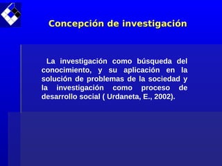 Concepción de investigación



  La investigación como búsqueda del
conocimiento, y su aplicación en la
solución de problemas de la sociedad y
la investigación como proceso de
desarrollo social ( Urdaneta, E., 2002).
 