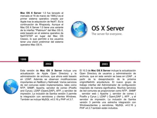 Esta versión de Mac OS X Server incluye una
actualización de Apple Open Directory y la
administración de archivos, que ahora está basado
en LDAP. Además se observan modificaciones
importantes en NetBoot y NetInstall. Varios servicios
de red comunes están implementados, tales como
NTP, SNMP, Apache, servidor de correo (Postfix
and Cyrus), LDAP (OpenLDAP), AFP, y servidor de
impresión. La inclusión de Samba versión 3 permite
la integración con servidores y clientes Windows.
También se incluye MySQL v4.0.16 y PHP v4.3.7.
2002
El 10.3 de Mac OS X Server incluye la actualización
Open Directory de usuarios y administración de
archivos, que en esta versión se basa en LDAP , a
partir de la desaprobación de la próxima
originóNetInfo arquitectura. El nuevo grupo de
trabajo interfaz del Administrador de configuración
mejorado de manera significativa. Muchos servicios
de red comunes se proporcionan como NTP , SNMP
, servidor web ( Apache ), servidor de correo (
Postfix y Cyrus ), LDAP ( OpenLDAP ), AFP , y el
servidor de impresión. La inclusión de Samba
versión 3 permite una estrecha integración con
Windowsclientes y servidores. MySQL v4.0.16 y
PHP v4.3.7 también están incluidos.
2003
1999
Mac OS X Server 1.0 fue lanzado al
mercado el 16 de marzo de 1999,2 es el
primer sistema operativo creado por
Apple tras la adquisición de NeXT. Es la
continuación de Rhapsody. Aunque el
Mac OS X Server 1.0 tiene una variante
de la interfaz "Platinium" del Mac OS 8,
está basado en el sistema operativo de
NeXTSTEP en lugar del Mac OS
Classic, lo que permitió a los usuarios
tener una visión preliminar del sistema
operativo Mac OS X.
 