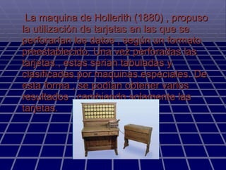 La maquina de Hollerith (1880) , propuso la utilización de tarjetas en las que se perforarían los datos , según un formato preestablecido. Una vez perforadas las tarjetas , estas serian tabuladas y clasificadas por maquinas especiales. De esta forma , se podían obtener varios resultados , cambiando solamente las tarjetas. 