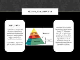 MonarquiaabsolutaSIGLO XVIILa piratería es una práctica de saqueo organizado o bandolerismo marítimoLa piratería es una práctica de saqueo organizado o bandolerismo marítimoEl corsario es el particular que en virtud de contrato Filibustero era el nombre que recibía el pirata que en el siglo XVII formaba parte de los grupos que actuaban en el mar de las Antillas. Su característica especial era que no se alejaban de la costa, la bordeaban y saqueaban las localidades costeras.