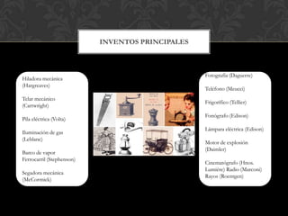 Inventos principalesHiladora mecánica (Hargreaves)Telar mecánico (Cartwright)Pila eléctrica (Volta)Iluminación de gas (Leblanc)Barco de vaporFerrocarril (Stephenson)Segadora mecánica (McCormick)Fotografía (Daguerre)Teléfono (Meucci) Frigorífico (Tellier)Fonógrafo (Edison)Lámpara eléctrica (Edison)Motor de explosión (Daimler)Cinematógrafo (Hnos. Lumière) Radio (Marconi) Rayos (Roentgen)