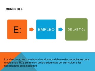 MOMENTO E 
E: EMPLEO DE LAS TICs 
Los directivos, los maestros y los alumnos deben estar capacitados para 
emplear las TICs en función de las exigencias del currículum y las 
necesidades de la sociedad 
 