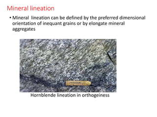 Mineral lineation
• Mineral lineation can be defined by the preferred dimensional
orientation of inequant grains or by elongate mineral
aggregates
Hornblende lineation in orthogeiness
 