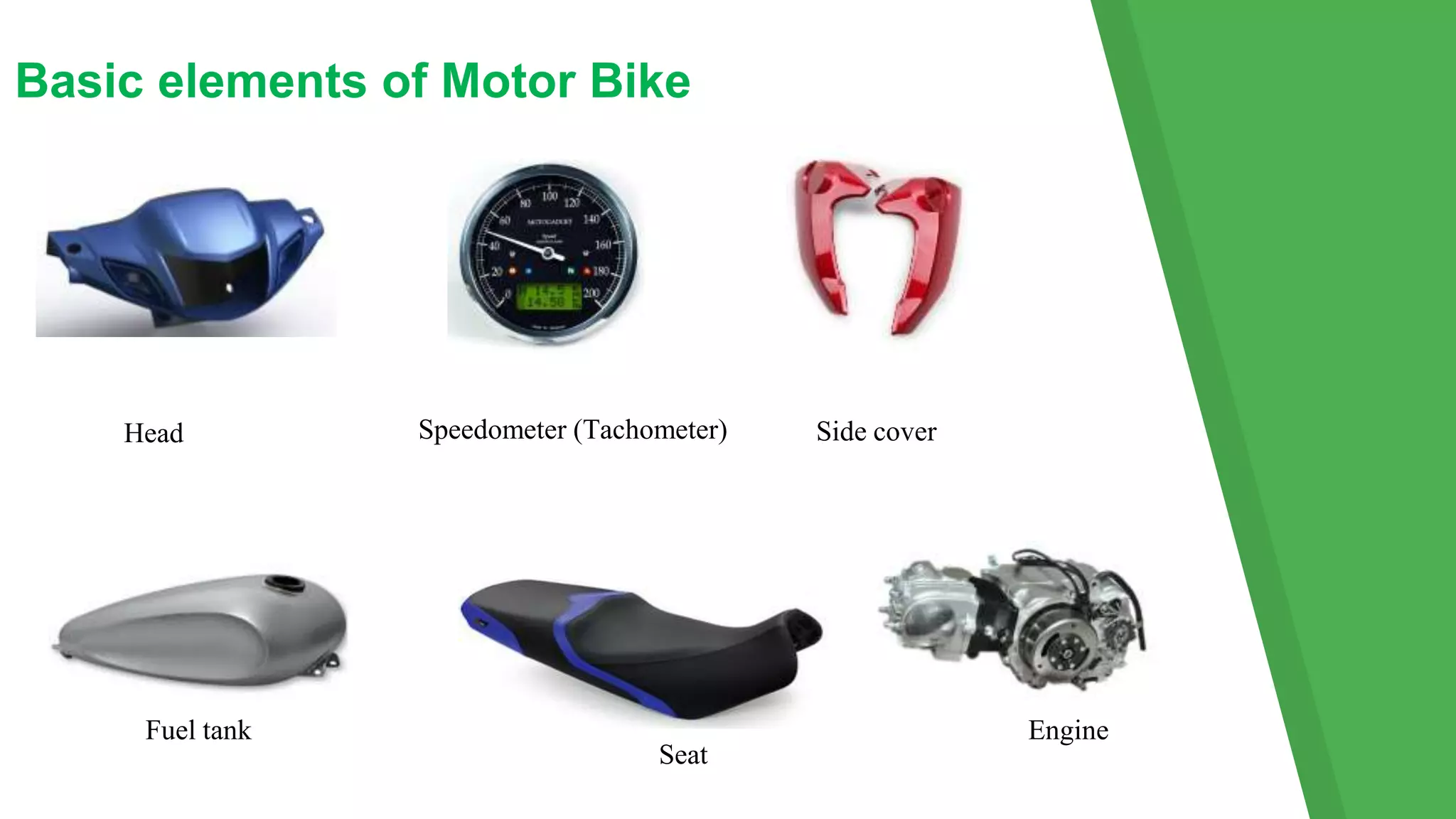 Basic elements of Motor Bike
Head Speedometer (Tachometer) Side cover
Fuel tank
Seat
Engine
 