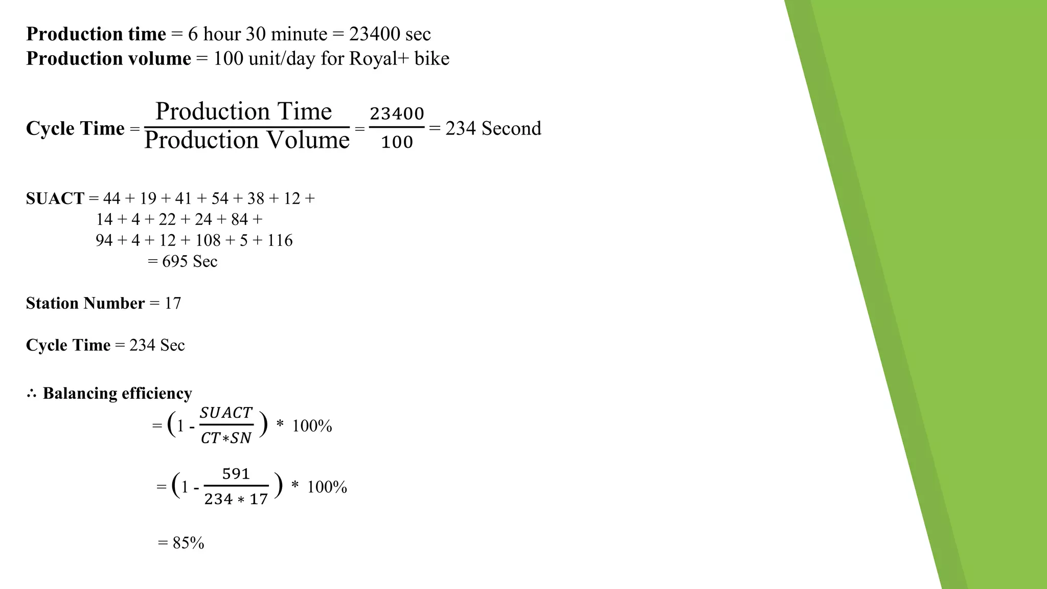 Production time = 6 hour 30 minute = 23400 sec
Production volume = 100 unit/day for Royal+ bike
Cycle Time =
Production Time
Production Volume
=
23400
100
= 234 Second
SUACT = 44 + 19 + 41 + 54 + 38 + 12 +
14 + 4 + 22 + 24 + 84 +
94 + 4 + 12 + 108 + 5 + 116
= 695 Sec
Station Number = 17
Cycle Time = 234 Sec
∴ Balancing efficiency
= (1 -
𝑆𝑈𝐴𝐶𝑇
𝐶𝑇∗𝑆𝑁
) * 100%
= (1 -
591
234 ∗ 17
) * 100%
= 85%
 