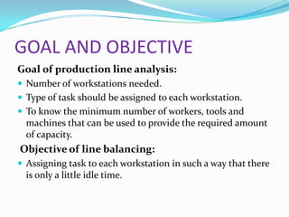 GOAL AND OBJECTIVE
Goal of production line analysis:
 Number of workstations needed.
 Type of task should be assigned to each workstation.
 To know the minimum number of workers, tools and

machines that can be used to provide the required amount
of capacity.

Objective of line balancing:
 Assigning task to each workstation in such a way that there

is only a little idle time.

 
